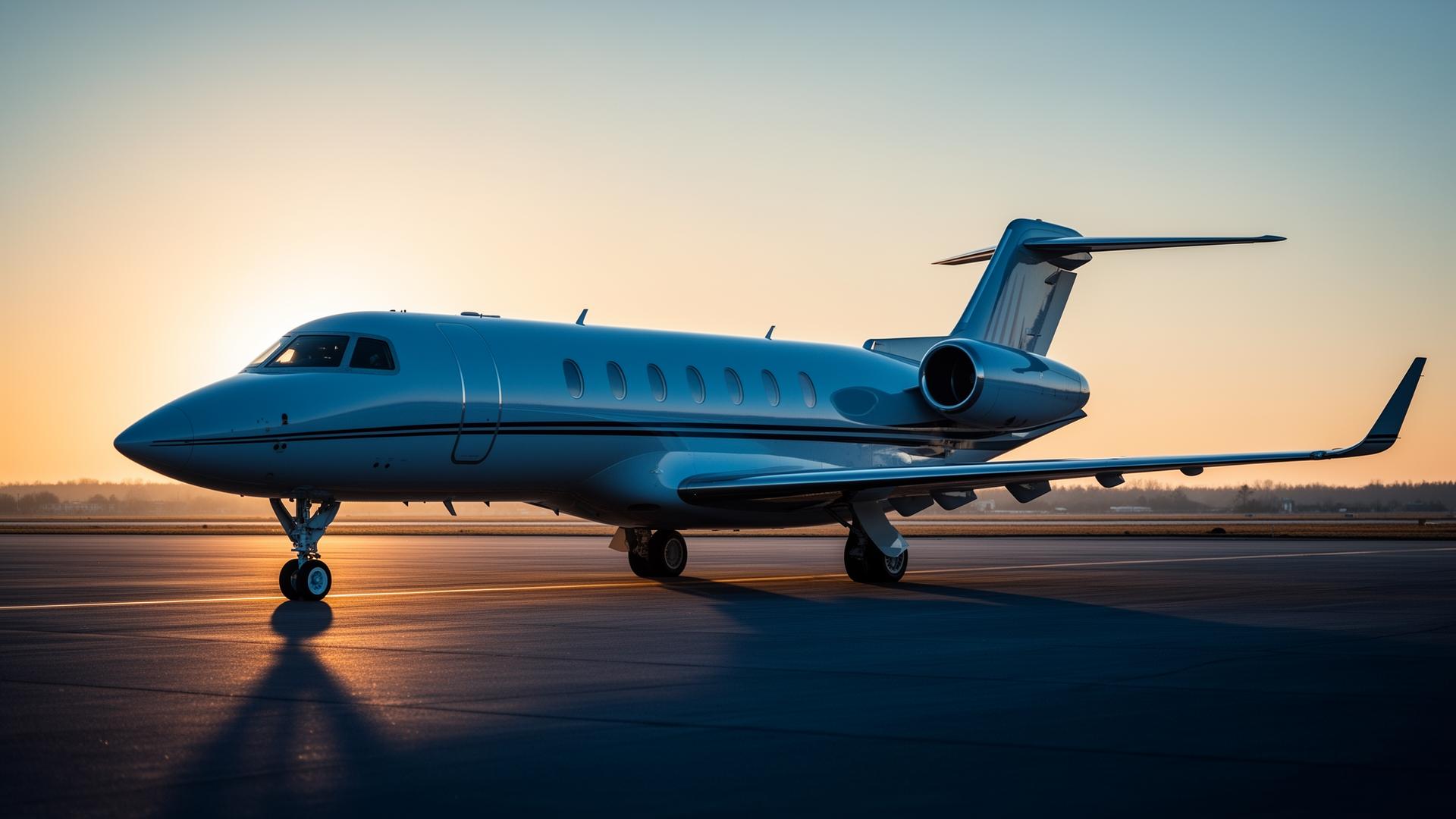 Luxury private jet on the tarmac at golden hour